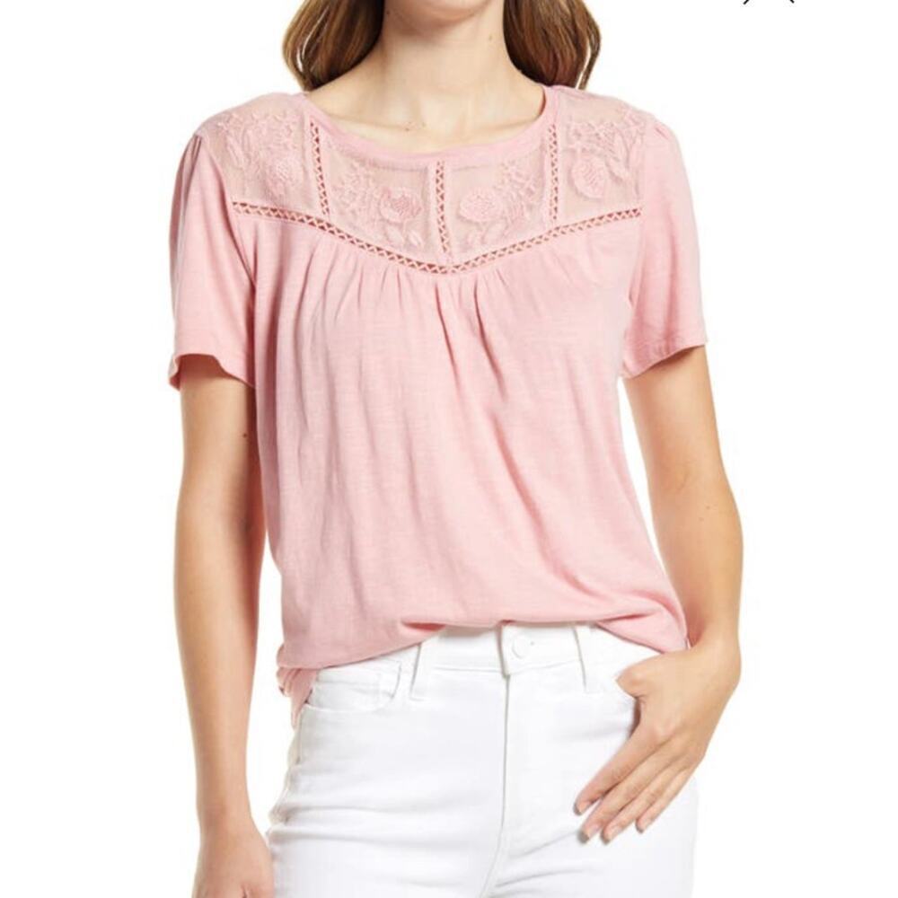 Caslon Embroidered Yoke Tee In Pink Bride size xs